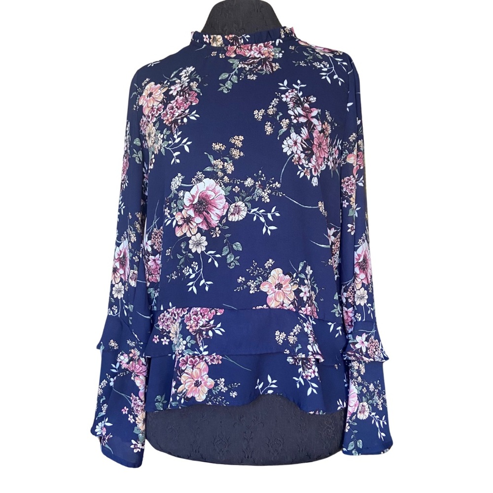 aliceblue Floral Semi Sheer Blouse with Bell Sleeves and Ruffle Hemline Small